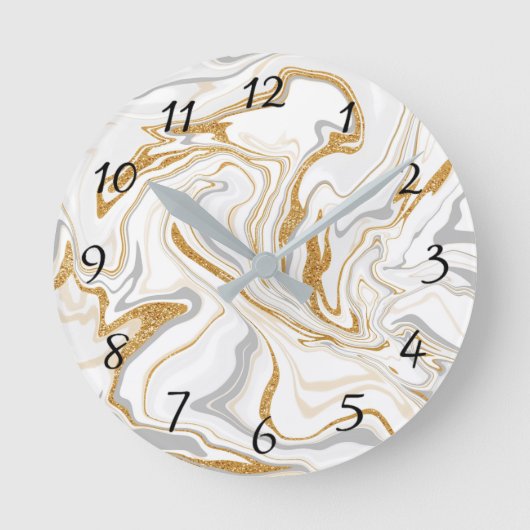 Weiße, goldfarbene und graue Marmor wie Wirbel Flu Runde Wanduhr (Vorderseite)