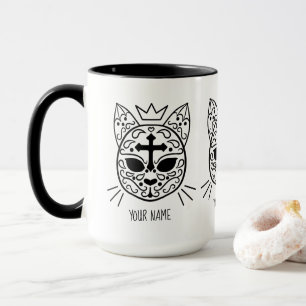 Weiße Goth Zuckerschädel-Miezekatzekatze mit Ihr Tasse