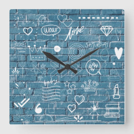 Weiße Graffiti an der blauen Wand Moderne Textkuns Quadratische Wanduhr