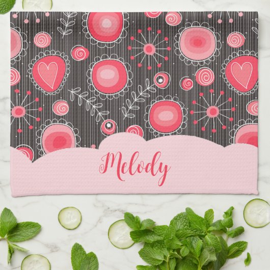 Weiße graue Herzen und Blume Blumenname Geschirrtuch (Gefaltet)