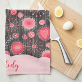 Weiße graue Herzen und Blume Blumenname Geschirrtuch (Viertel Falte)