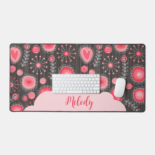 Weiße graue Herzen und Blume Blumenname Schreibtischunterlage (Tastatur & Maus)