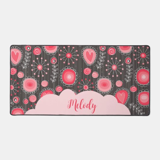 Weiße graue Herzen und Blume Blumenname Schreibtischunterlage (Vorderseite)