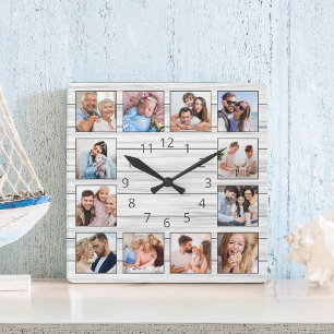 Weiße graue Holz Custom-Fotocollage elegant Quadratische Wanduhr
