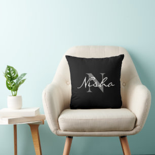 Weiße Graue Monogramm Name Schwarz Kissen