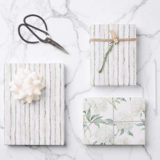 Weiße Graue Streifen Hochzeit Geschenkpapier Set (Vorderseite)