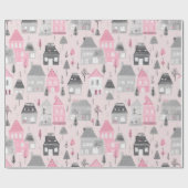 Weiße Graue Weihnachtshäuser auf Rosa Geschenkpapier (Flach)