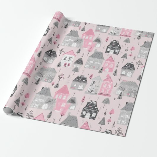 Weiße Graue Weihnachtshäuser auf Rosa Geschenkpapier (Ungerollt)