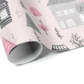 Weiße Graue Weihnachtshäuser auf Rosa Geschenkpapier (Rolleneckpunkt)