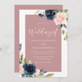 Weiße Grenze zwischen Navy und Blush Einladung (Vorne/Hinten)