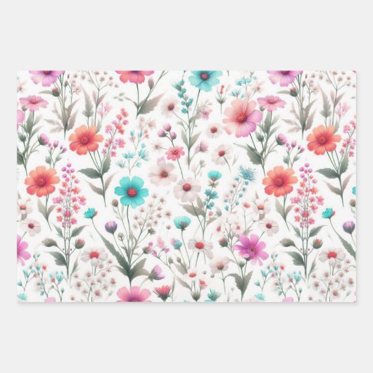 Weiße, grüne, blaue, braune, türkisfarbene Wildblu Geschenkpapier Set (Vorderseite)