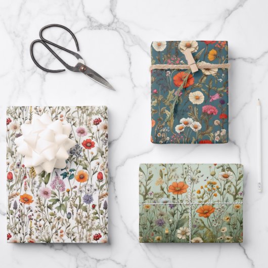 Weiße, grüne, blaue Wildblume Geschenkpapier Set (Vorderseite)