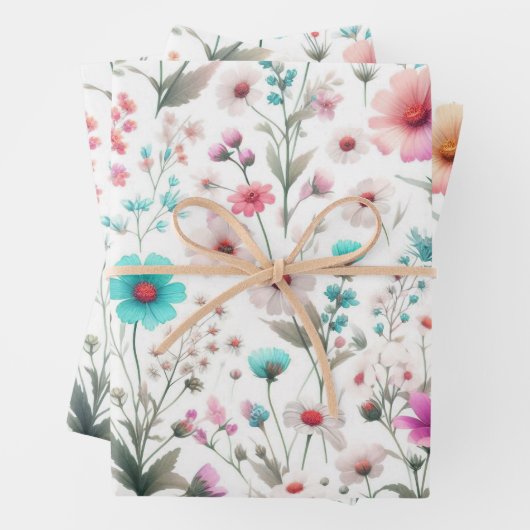 Weiße, grüne, blaue Wildblumen Geschenkpapier Set (Beispiel)