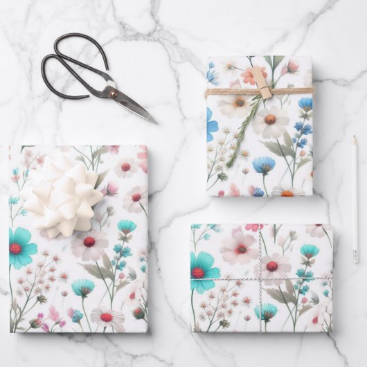 Weiße, grüne, blaue Wildblumen Geschenkpapier Set (Vorderseite)
