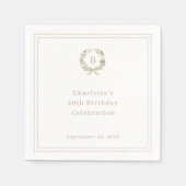 Weiße grüne Champagner-Monogramm-Girlande Geburtst Serviette (Vorderseite)