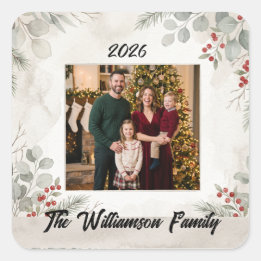 Weiße Grüne Familienfoto-Weihnachtssticker Quadratischer Aufkleber