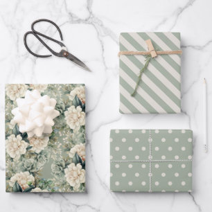 Weiße, grüne, gestreifte Polka-Punkte Geschenkpapier Set