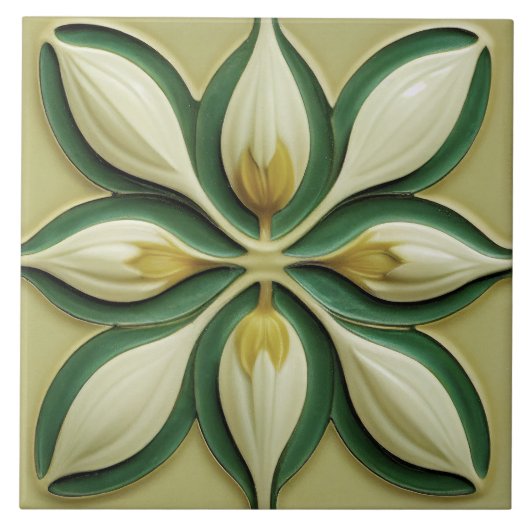 Weiße grüne Tulips Symmetrische Art Deco Keramik T Fliese (Vorderseite)