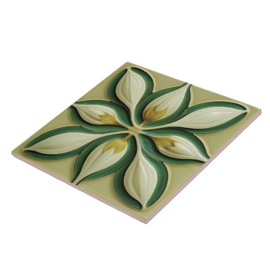 Weiße grüne Tulips Symmetrische Art Deco Keramik T Fliese (Seite)