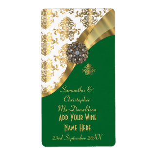 Weiße, grüne und goldene Damast Hochzeitsweinflasc
