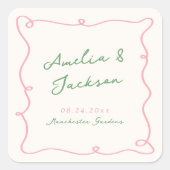 Weiße, grüne und rosafarbene Hochzeit Quadratischer Aufkleber (Vorderseite)