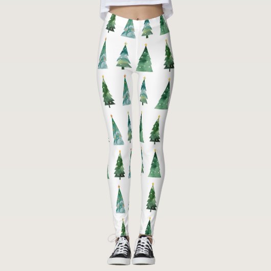Weiße grüne Wasserfarbe Winterbaum Weihnachten Leggings (Vorderseite)