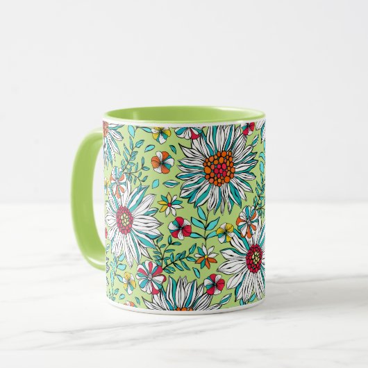 Weiße Grünpflanzen Gelborange Rote Daisy Blume Tasse (Vorderseite Links)