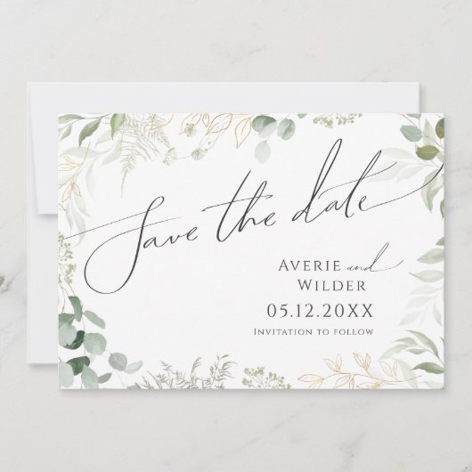 Weiße Grünpflanzen und Gold Horizontal Save The Date (Vorderseite)