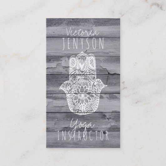 Weiße Hamsa Hand des hölzernen Yogalehrers Fatima Visitenkarte (Vorderseite)