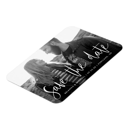 Weiße handgeschriebene Script-Fotos Save the Date Magnet (Linke Seite)