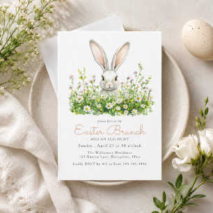 Weiße Hasen- und Blumen-Osterbrunch-Eiersuche Einladung