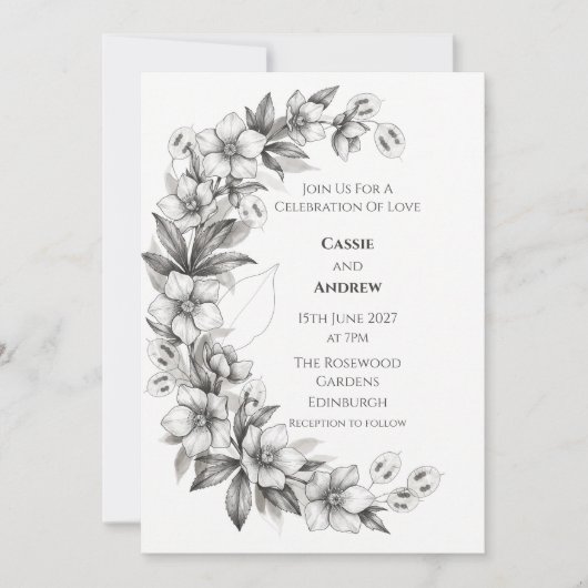 Weiße Hellebore Lunaria Line Art Hochzeitseinladun Einladung (Vorderseite)