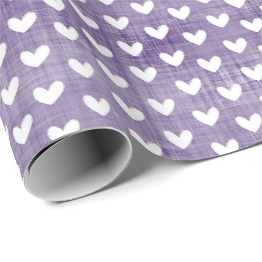 Weiße Herzen auf dunklen Lila Leinen Geschenkpapier (Rolleneckpunkt)