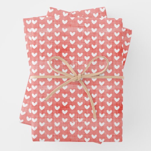 Weiße Herzen auf hellen roten Linen Geschenkpapier Set (Beispiel)