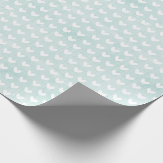 Weiße Herzen auf hellgrüne Leinen Geschenkpapier (Ecke)