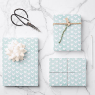Weiße Herzen auf hellgrüne Leinen Geschenkpapier Set
