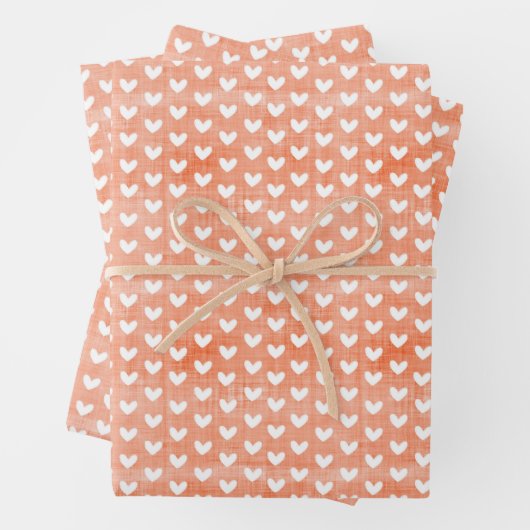 Weiße Herzen auf Mandarine Linen Geschenkpapier Set (Beispiel)