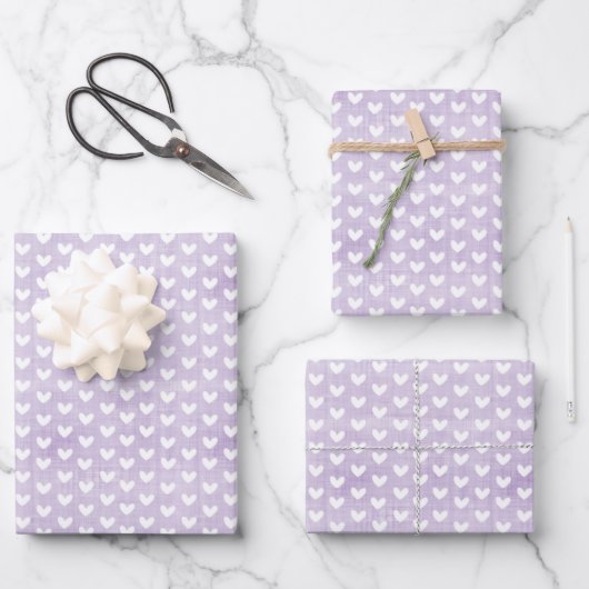 Weiße Herzen auf Pastel Lila Linen Geschenkpapier Set (Vorderseite)
