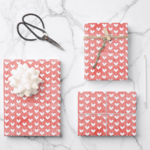 Weiße Herzen auf rotem Leinen Geschenkpapier Set