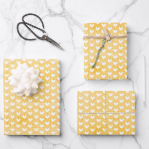 Weiße Herzen auf Senfgelbem Leinen Geschenkpapier Set