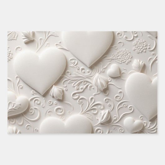 Weiße Herzen (Embossed Look) Geschenkpapier Set (Vorderseite)