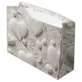 Weiße Herzen (Embossed Look) Große Geschenktüte (Rückseite Schrägansicht)