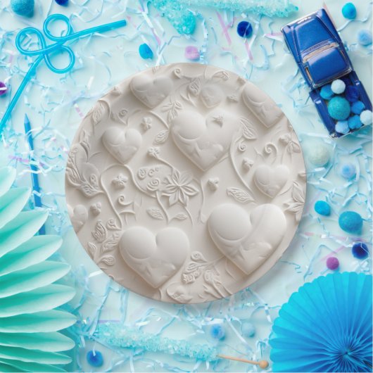 Weiße Herzen (Embossed Look) Pappteller (Party)