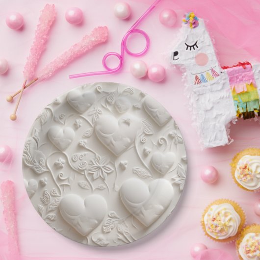 Weiße Herzen (Embossed Look) Pappteller (Party)