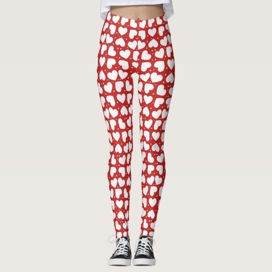 Weiße Herzen und Polka Punkte auf roten Leggings (Vorderseite)