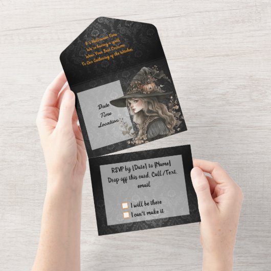 Weiße Hexe auf schwarzem Damast All In One Einladung (Abreißen)