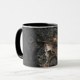 Weiße Hexe auf schwarzem Damast Tasse
