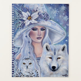 Weiße Hexe mit Wolf und Uhenkunst von Renee Lavoie Planer