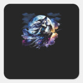 Weiße Hexe über Vollmond fliegen Frauen Kinder Quadratischer Aufkleber (Vorderseite)