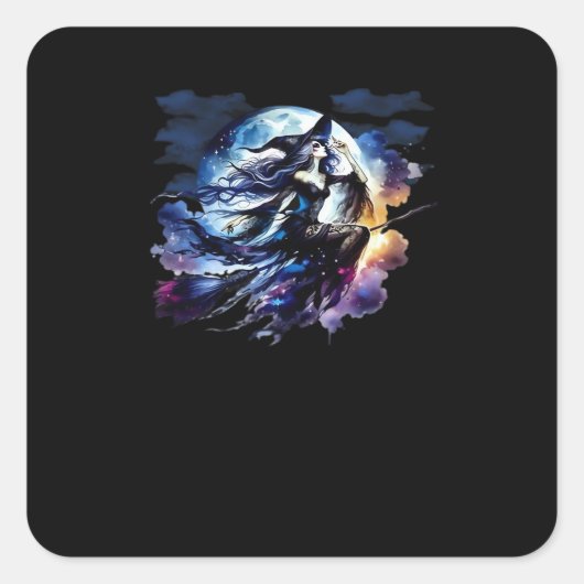 Weiße Hexe über Vollmond fliegen Frauen Kinder Quadratischer Aufkleber (Vorderseite)